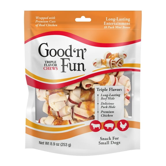 Good n Fun Triple Flavor Chews, Mini Bones, Rawhide Chews for Small Dogs, 18 Count