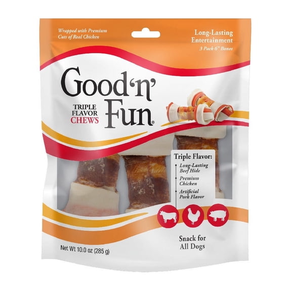 Good ‘n’ Fun Triple Flavor Chews for All Dogs, Rawhide Snack with Beef, Chicken and Pork, 3 Count
