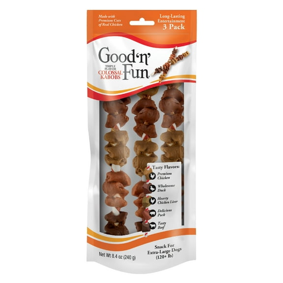 Good n Fun Triple Flavor Colossal Kabobs, Rawhide Chews for Extra Large Dogs (+120 lbs), 3 Count