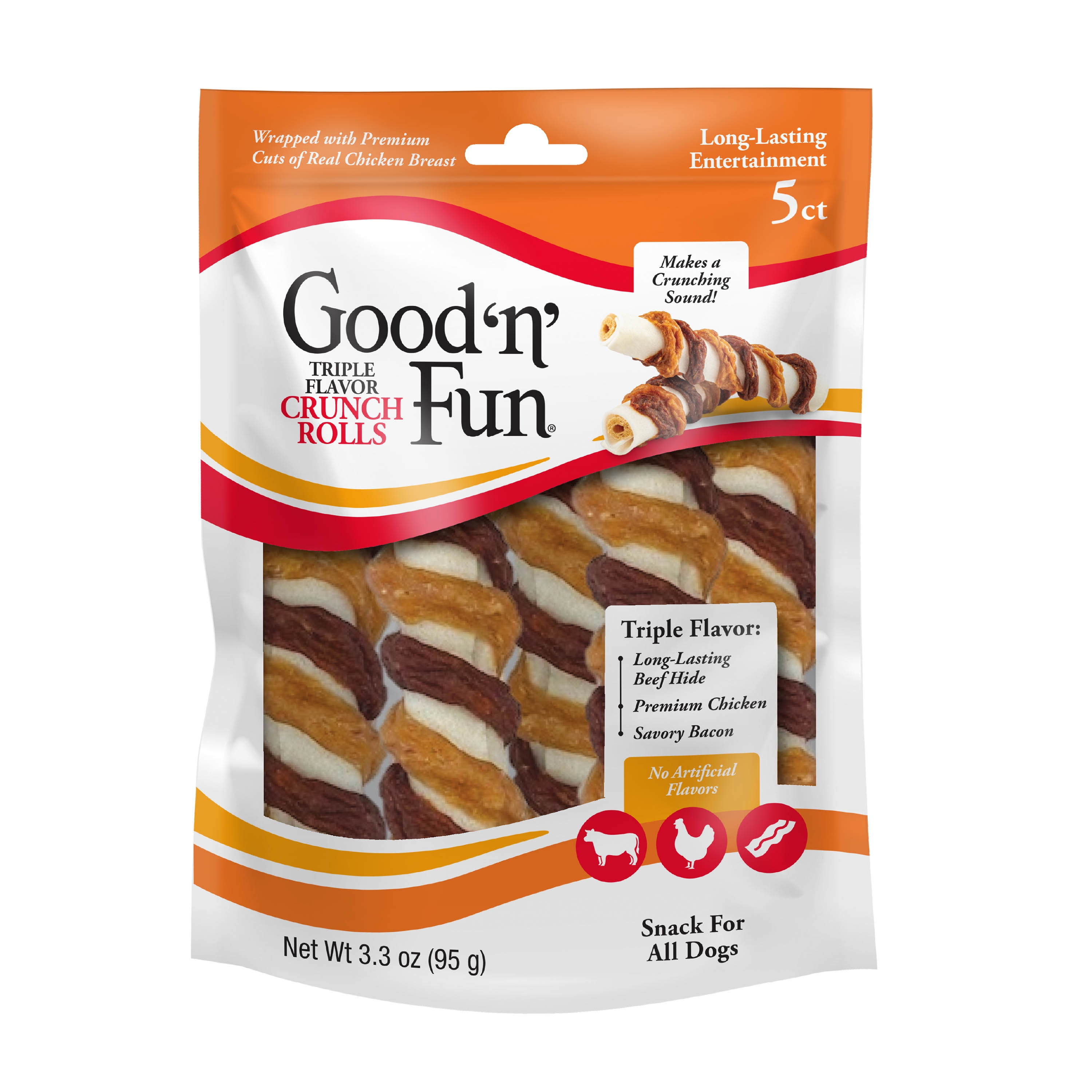 Good n Fun Triple Flavor Crunch Rolls Rawhide Chews for All Dogs Real Chicken Bacon 5 Count Walmart