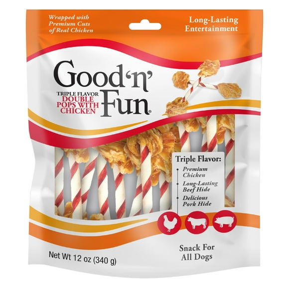 Good ’n’ Fun Triple Flavor Double Pops with Chicken, Rawhide Chews for All Dogs, 12 oz.