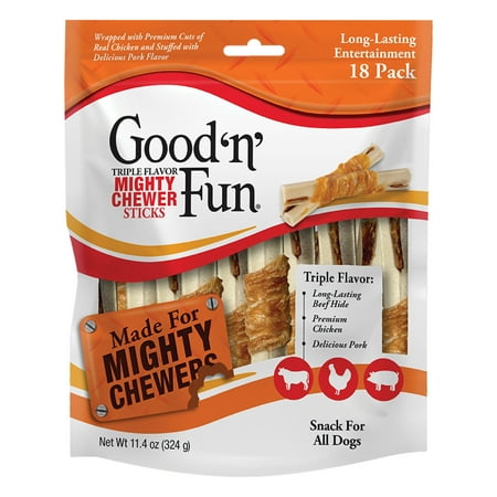 Good 'n' Fun Triple Flavor Mighty Chewer Sticks, Long Lasting Rawhide Chew Treats for All Dogs, 18 Count