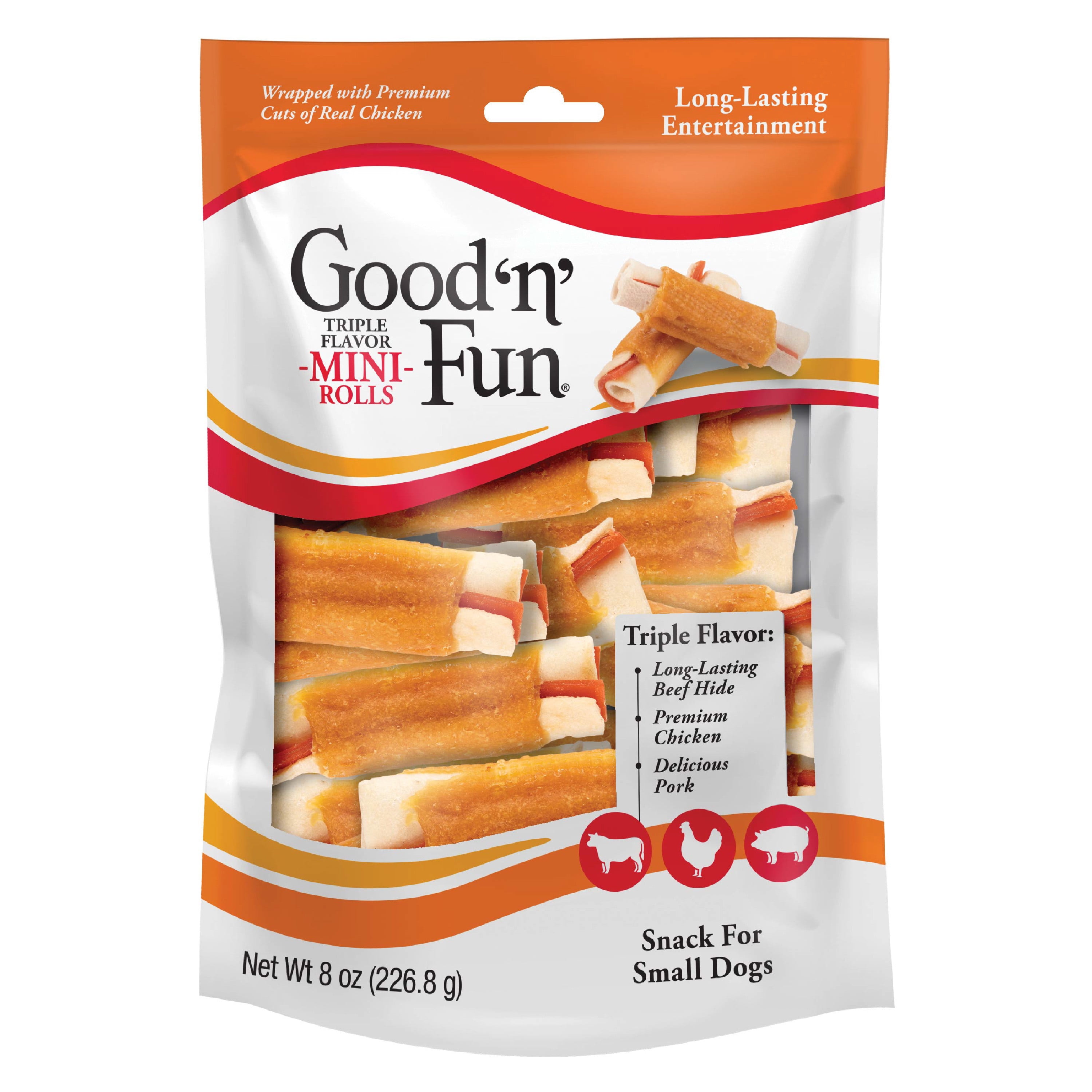 Good n Fun Triple Flavor Mini Rolls, Long Lasting Dog Chews, 8 oz