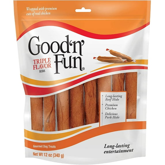 Good'n'Fun Triple Flavor Ribs 12 Ounces, Rawhide Snack for All Dogs, Multicolor, Model Number: P-94417