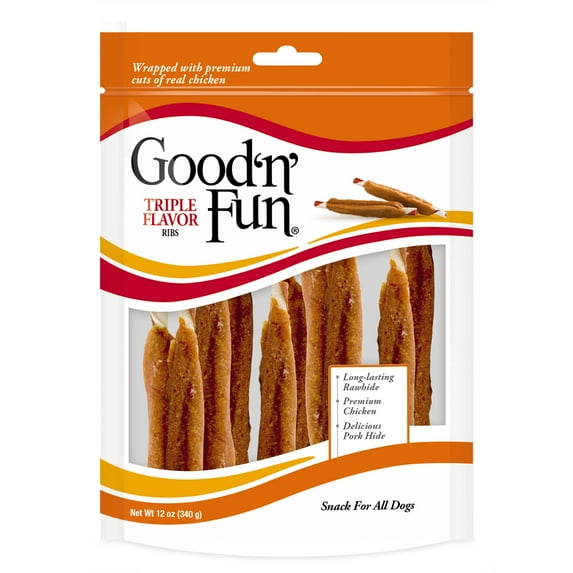 Good ’n’ Fun Triple Flavor Ribs, Rawhide Snack for All Dogs, 12 oz.