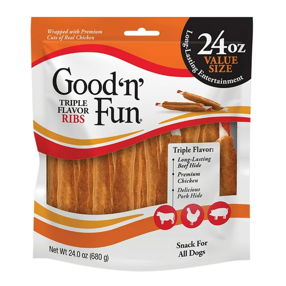 Good 'n' Fun Triple Flavor Ribs, Rawhide Chews for All Dogs, 24 oz.