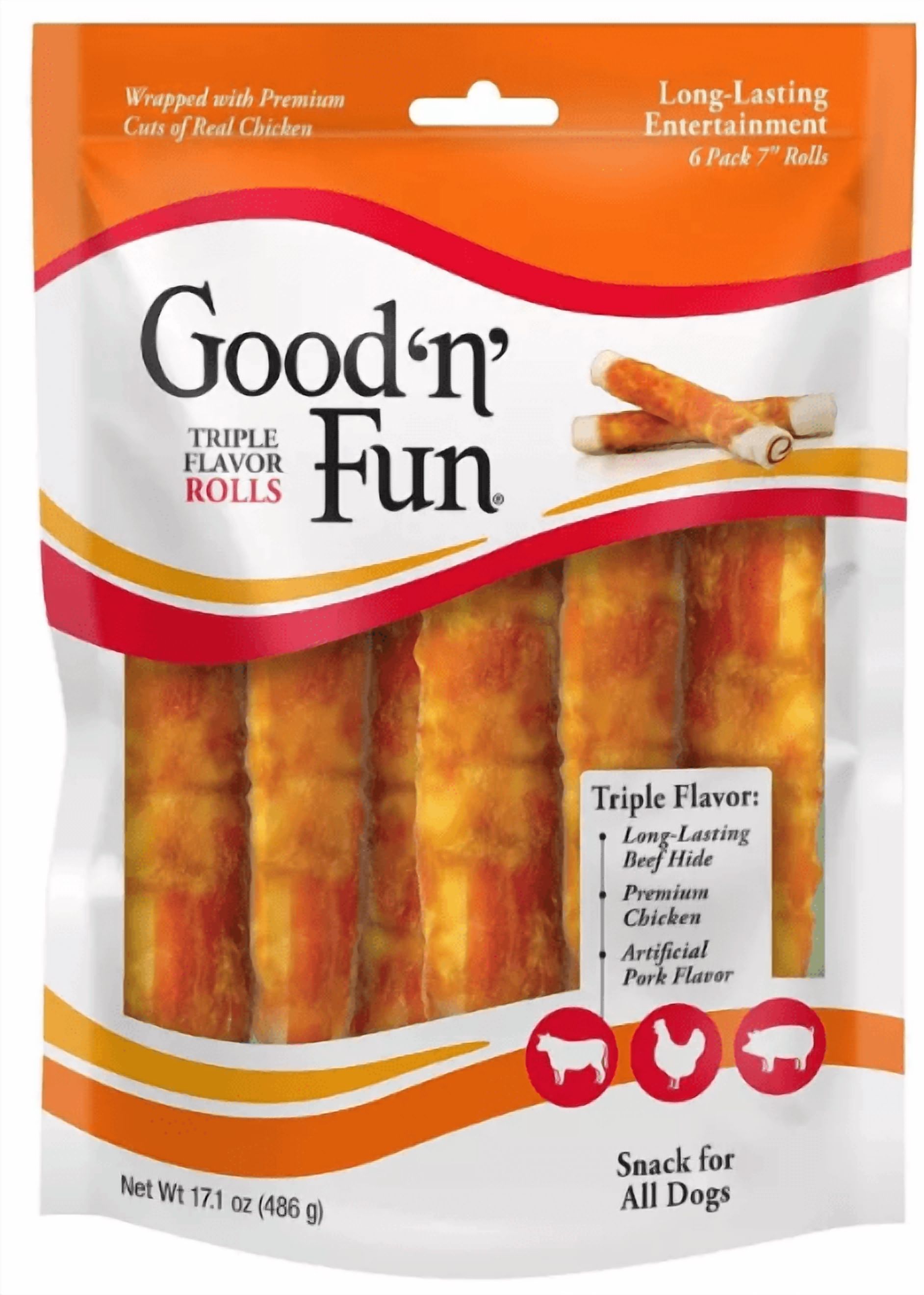 Good 'n' Fun Triple Flavor Rolls Rawhide with Pork, Beef and Chicken ...