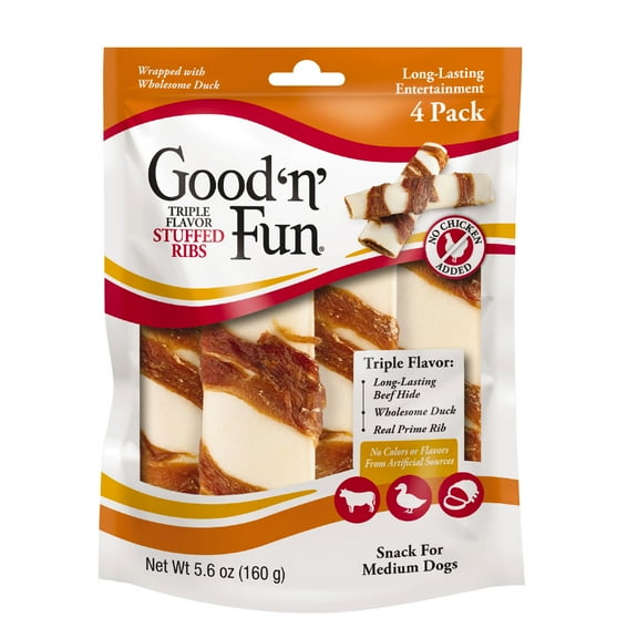 Good ‘n’ Fun Triple Flavor Stuffed Ribs for Medium Dogs, Chicken-Free Rawhide Chews Made with Beef, Duck and Prime Rib Flavor, 4 Count