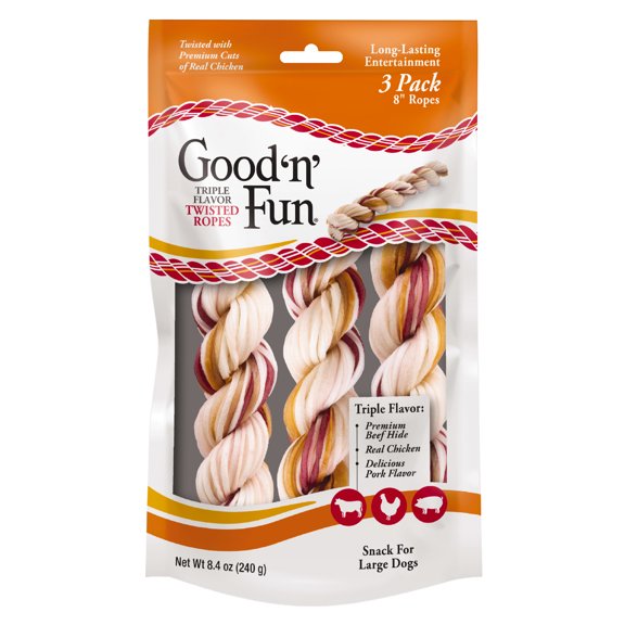 Good 'n' Fun Triple Flavor Twisted Ropes, Rawhide Chews for Large Dogs, 3 Count