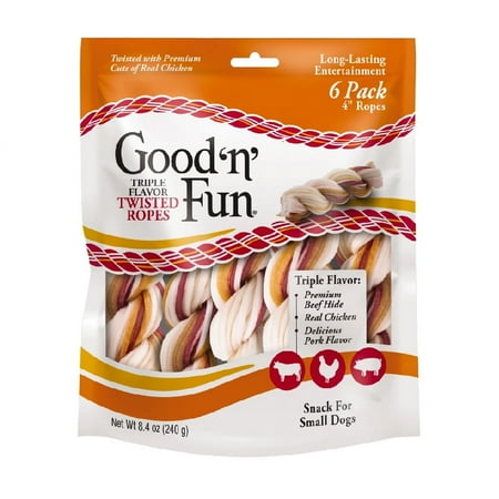 Good ’n’ Fun Triple Flavor Twisted Ropes, Rawhide Chews for Small Dogs, 6 Count