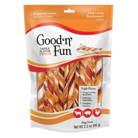 Good 'n' Fun Triple Flavor Twists, Rawhide Chews for All Dogs, 12 Count