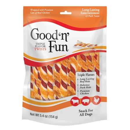 Good 'n' Fun Triple Flavor Twists, Rawhide Chews for All Dogs, 22 Count