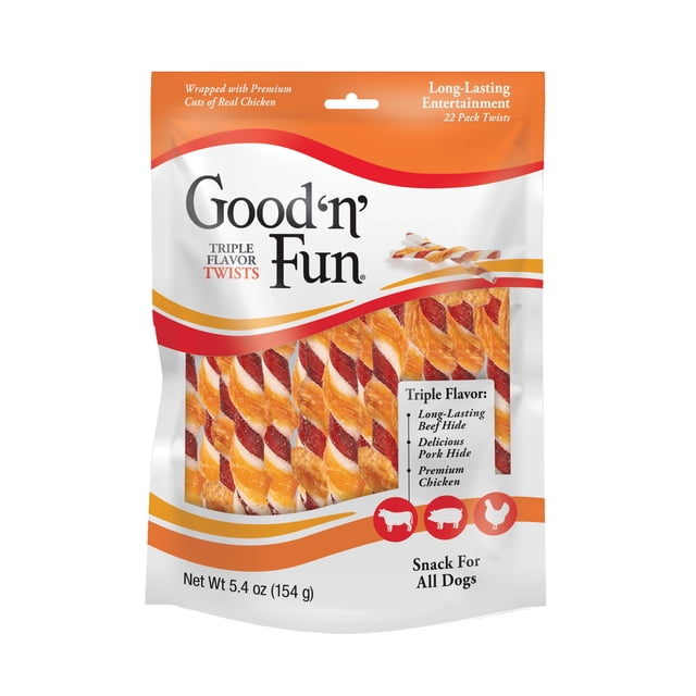 Good 'n' Fun Triple Flavor Twists, Rawhide Chews for All Dogs, 22 Count