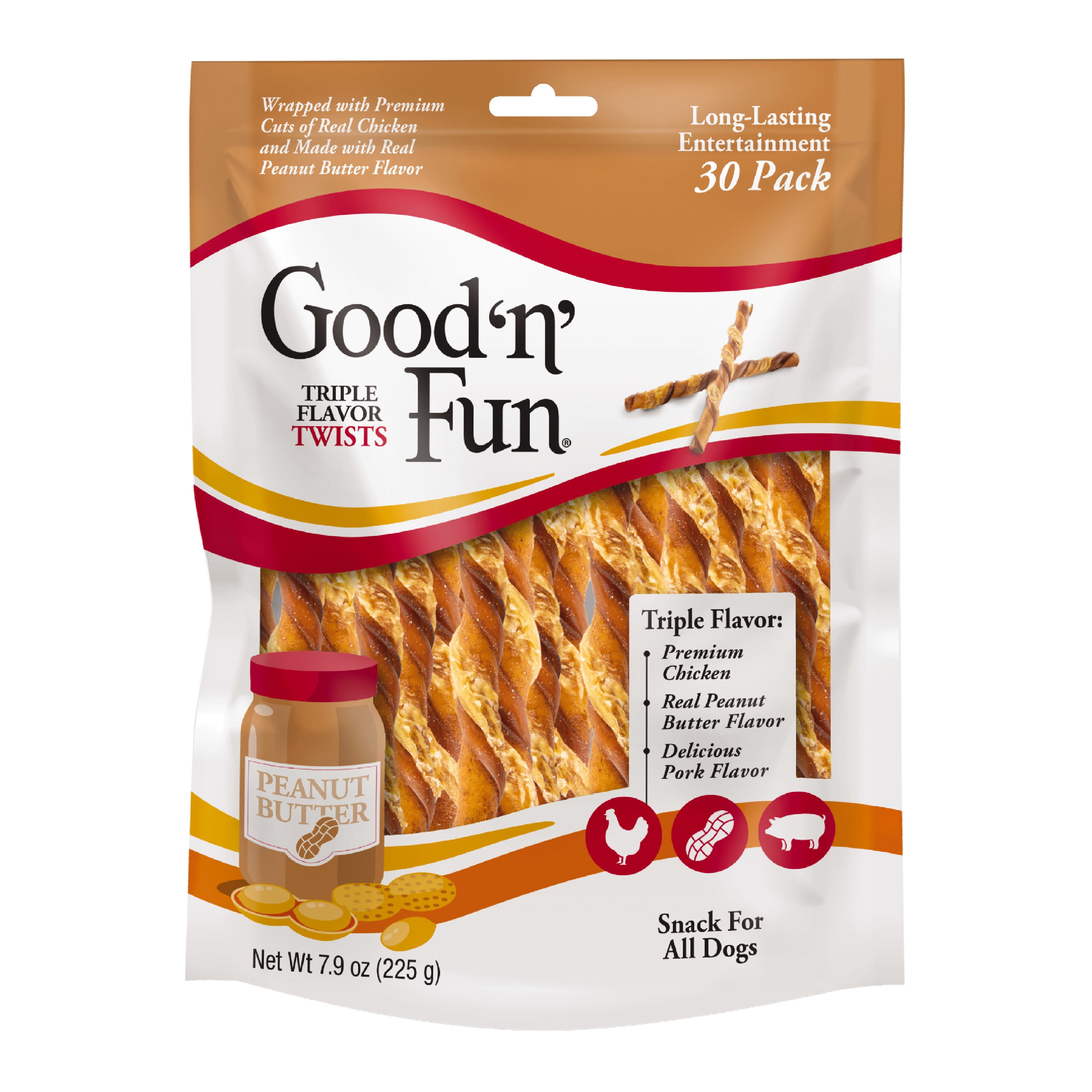 Good ’n’ Fun Triple Flavor Twists, Rawhide Chews for All Dogs, 30 Count