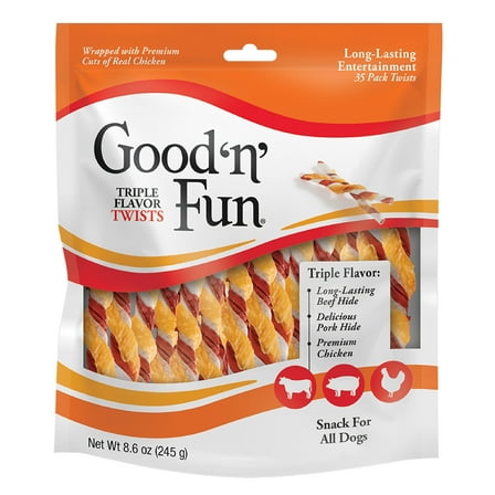 Good 'n' Fun Triple Flavor Twists, Rawhide Chews for All Dogs, 35 Count