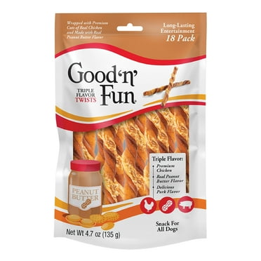 Good ’n’ Fun Triple Flavor Twists, Rawhide Chews for All Dogs Made with Chicken, Peanut Butter Flavor and Pork, 18 Count