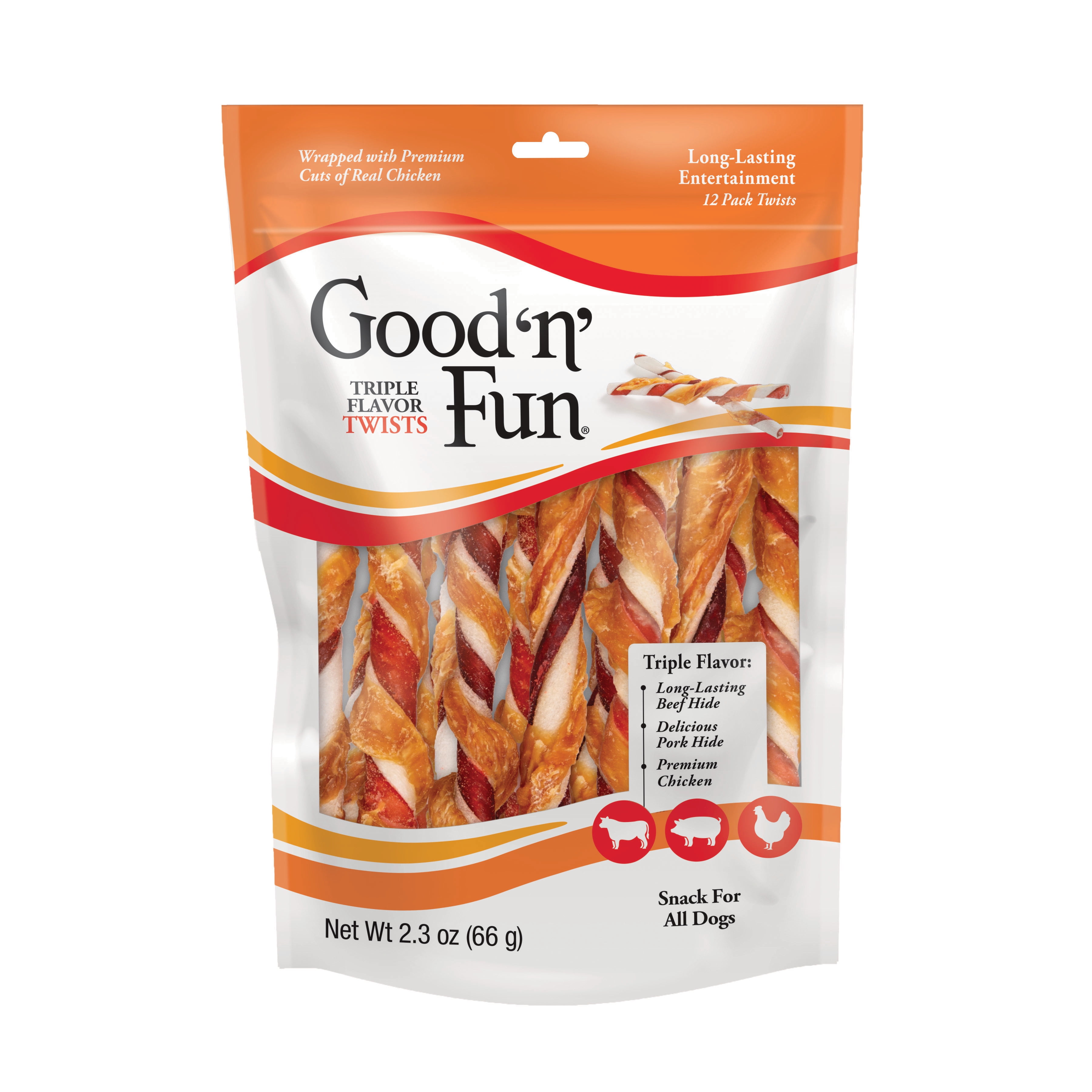 Good 'n' Fun Triple Flavor Twists Rawhide Dog Chews, 12 Count (2.3 Oz