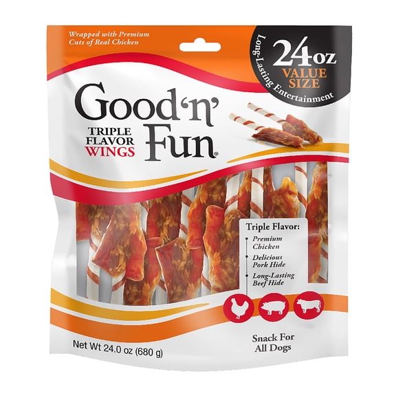 Good 'n' Fun Triple Flavor Wings, Rawhide Chew for All Dogs, 24 oz