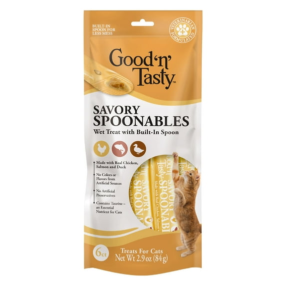 Good 'n' Tasty Savory Spoonables Lickable Wet Treats for Cats, with Chicken, Salmon & Duck, 6 Count