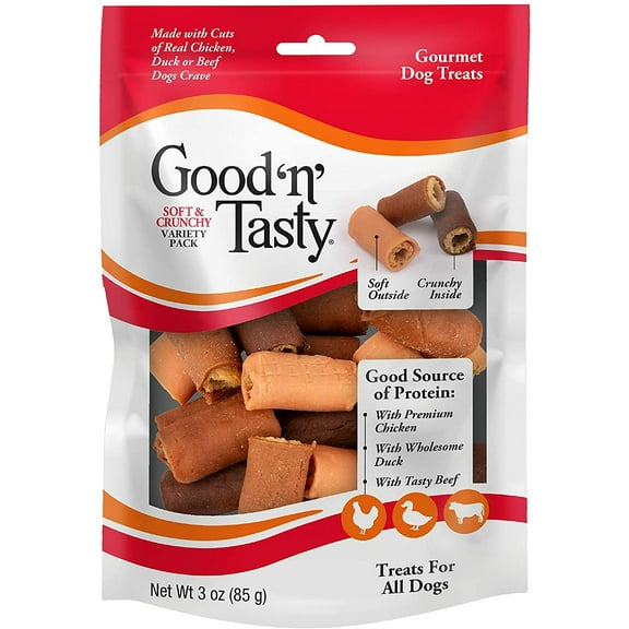 Good 'n' Tasty Soft and Crunchy Rolls, Gourmet Treats for All Dogs with Real Chicken, Duck & Beef, 3 oz.