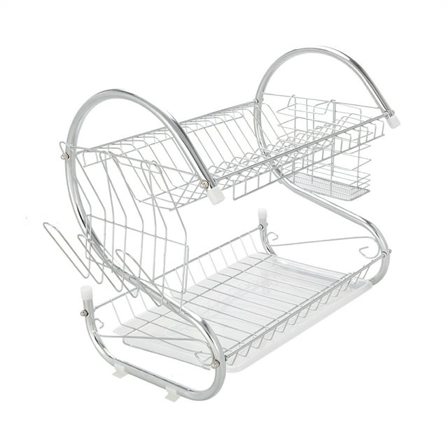 Good world Hot Sale 2-Tier Stainless Steel Silver Dish Rack with Drainboard