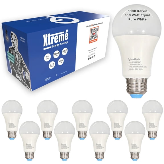 GoodBulb A19 LED Light Bulb 14W 5000K 1600 Lumens Non Dimmable E26 Medium Base 120V 10 Pack