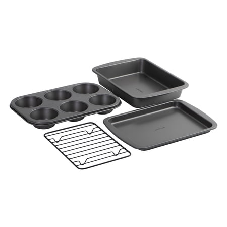 GoodCook 4-Piece Nonstick Steel Toaster Oven Bakeware Set with Sheet Pan, Baking Rack, Cake Pan, and 6-Cup Muffin Pan, Gray
