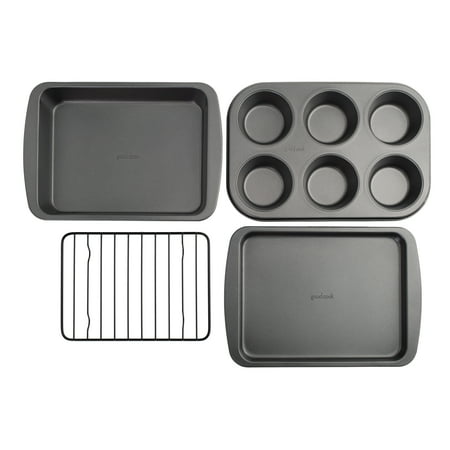 GoodCook 4-Piece Nonstick Steel Toaster Oven Set with Sheet Pan, Rack, Cake Pan, and Muffin Pan, Gray