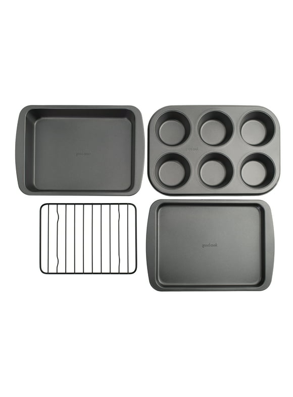 GoodCook 4-Piece Nonstick Steel Toaster Oven Set with Sheet Pan, Rack, Cake Pan, and Muffin Pan, Gray