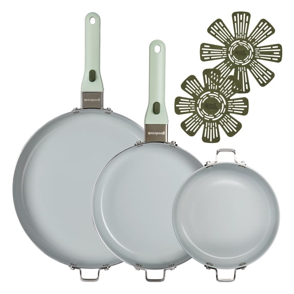 GoodCook 8in, 9.5in & 12in Frypan Ceramic Nonstick Cookware Set with 2 Removable Handles, 7pc - Sage Green