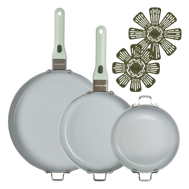 GoodCook 8in, 9.5in & 12in Frypan Ceramic Nonstick Cookware Set with 2 Removable Handles, 7pc - Sage Green