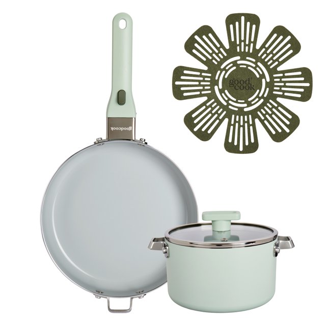 GoodCook 9.5in Frypan & 2qt Sauce Pan Ceramic Nonstick Cookware Set with 1 Removable Handle, 5pc - Sage Green