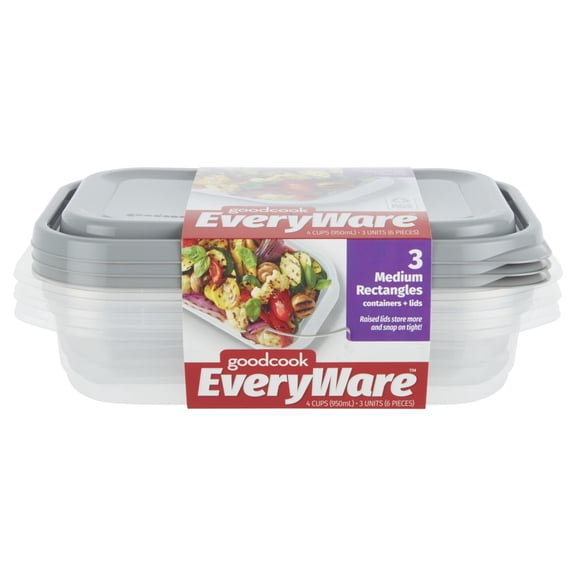 GoodCook EveryWare Rectangle Food Storage Containers - 4 Cups - 6pcs/3ct - Gray: Leak-Resistant, 3 Containers With Lids