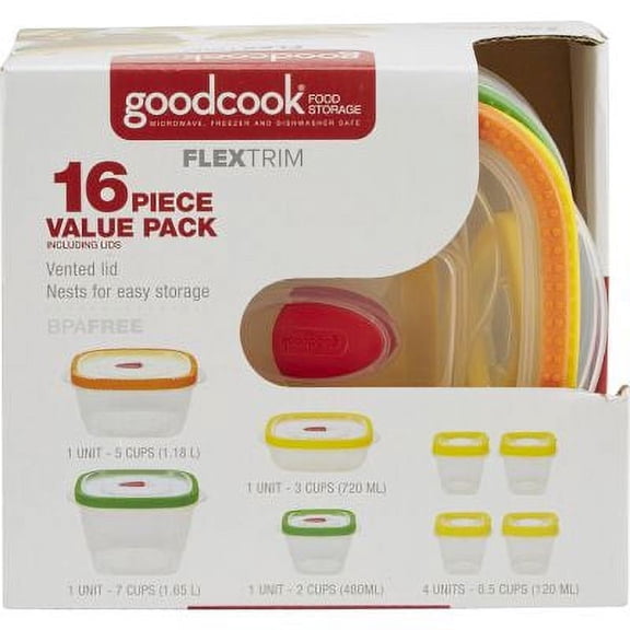 GoodCook Food Storage 16 Piece Value Pack, Plastic Flex Trim Vented Lid