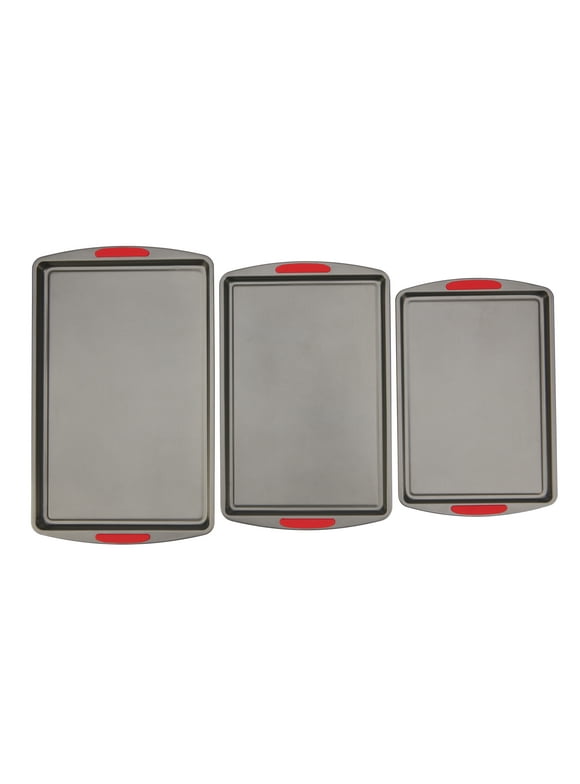 GoodCook Mega Grip Set of 3 Nonstick Steel Multipurpose Cookie Sheets with Silicone Grip Handles, Gray