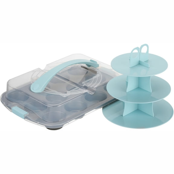GoodCook Sweet Creations 12-Cup Cupcake Pan Bundle with BPA-Free Lid and Display Stand, Light Blue/Silver