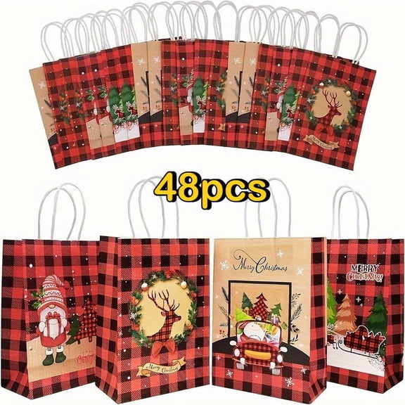 GoodFull 48 Pack Christmas Gift Bags with Handles, Mid Kraft Holiday Bags in red plaid style, Reusable, Sturdy Gift Wrapping Bags for Christmas, Seasonal Gifts