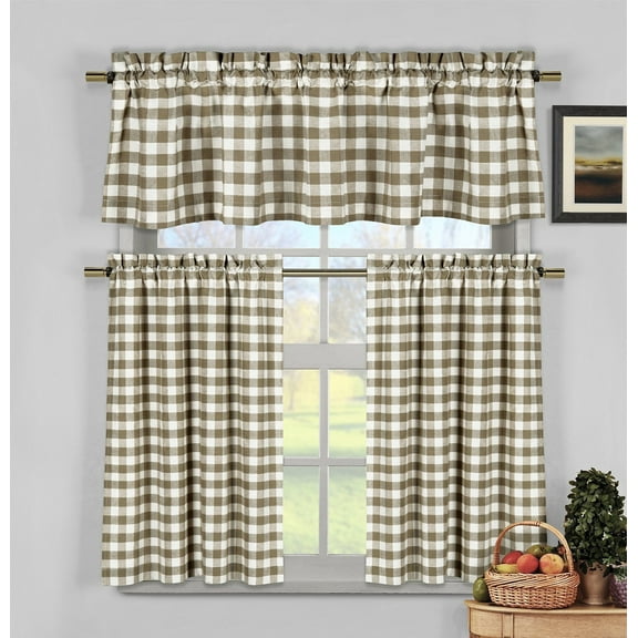 GoodGram 3 Pc. Plaid Country Chic Cotton Blend Kitchen Curtain Tier & Valance Set - (Taupe)