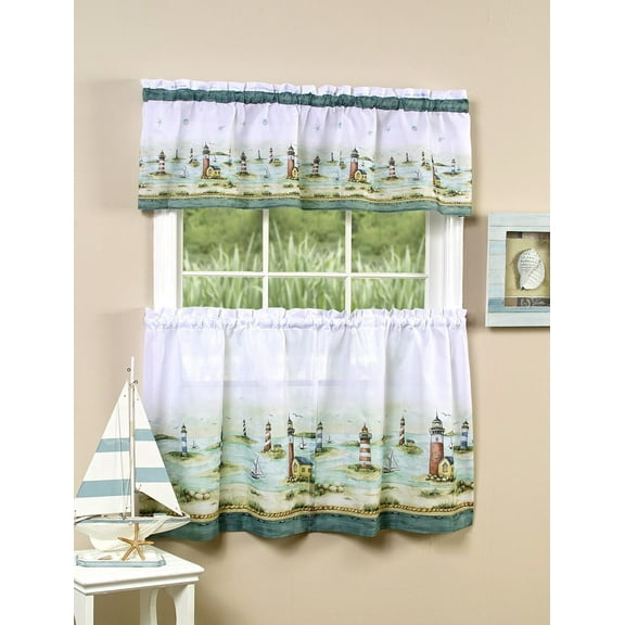 GoodGram Coastal Home Lighthouses and Sailboats Light Filtering Kitchen Curtain Set, 57 x 36 in (2 Panels)