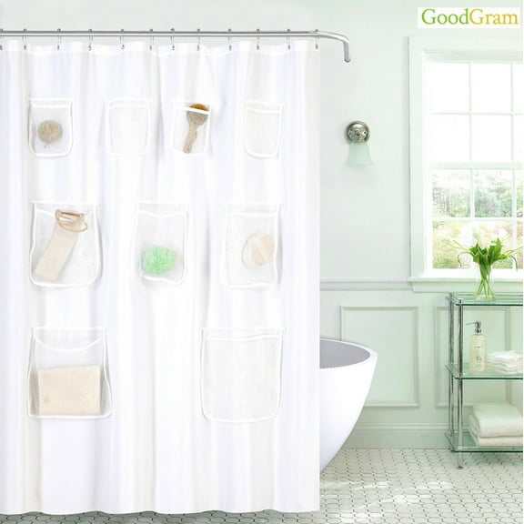 GoodGram Fabric Shower Curtain Liner With Mesh Pockets - White