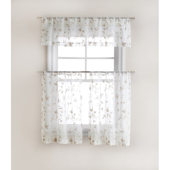 GoodGram Floral Embroidered Semi Sheer Kitchen Curtains & Valance, 58” x 36” (2 Panels)