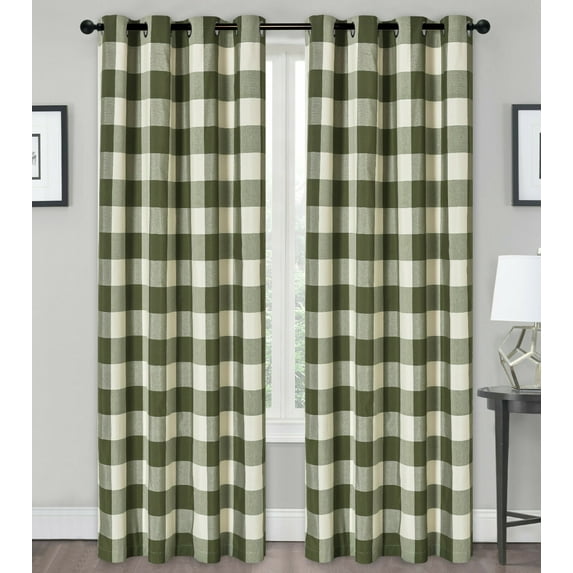GoodGram Lodge Farmhouse Sage Green Plaid Check Grommet Blackout Curtains, 54” x 84” (2 Panels)