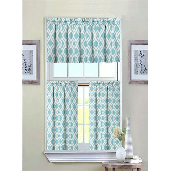 GoodGram Luxurious Turquoise Geometric Shabby 3 Piece Kitchen Curtain Tier & Valance Set