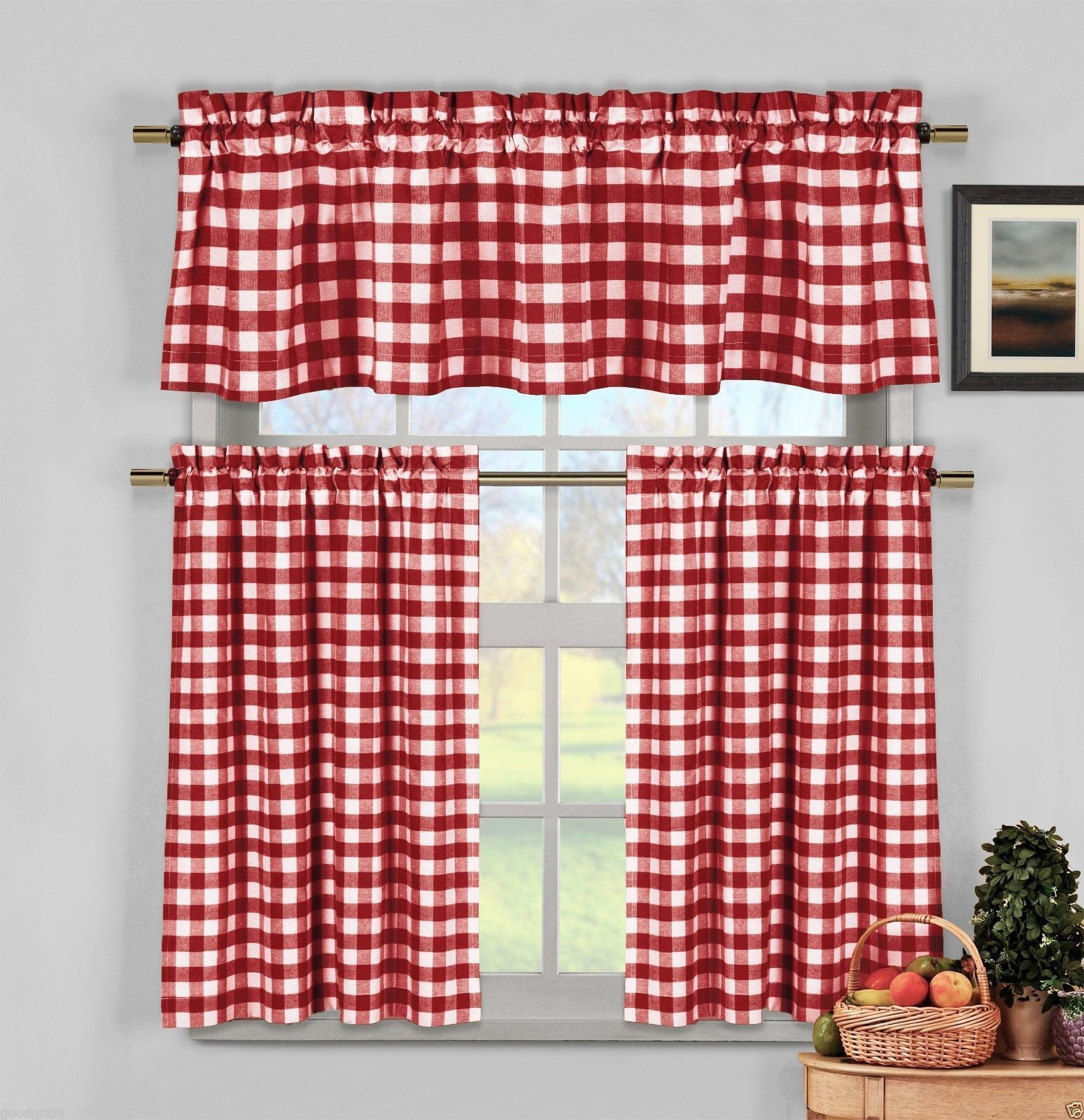 GoodGram Plaid Candy Apple Red Kitchen Curtain & Valance Set, 58” x 14” (2 Panels)