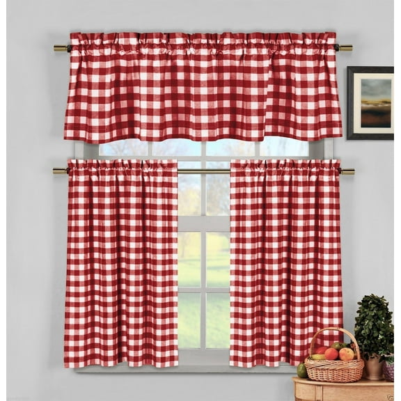 GoodGram Plaid Candy Apple Red Kitchen Curtain & Valance Set, 58 x 14 (2 Panels)