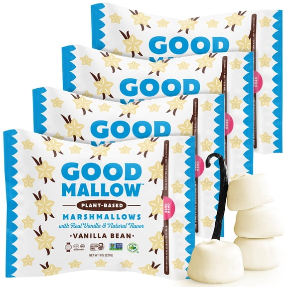 GoodMallow Vegan Marshmallows - GGA1 Large Kosher Halal Gluten x 8oz. Natural Gelatin Marshmallows for Hot Chocolate, Smores, Baking - Nothing Artificial, Made in USA (White Vanilla ) (Pack of 4)
