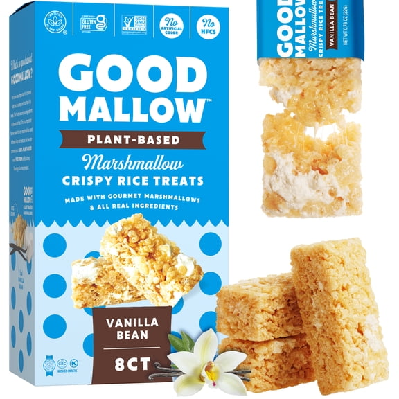 GoodMallow Vegan Rice Crispy Treats Individually Wrapped Box of 8 , Kosher Vegan Snacks, Gluten Free Dairy Free Snacks for Kids &