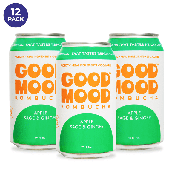 GoodMood Kombucha, Apple Sage & Ginger, Low Sugar & Gluten-Free, 12 Pack, 12 fl oz Cans
