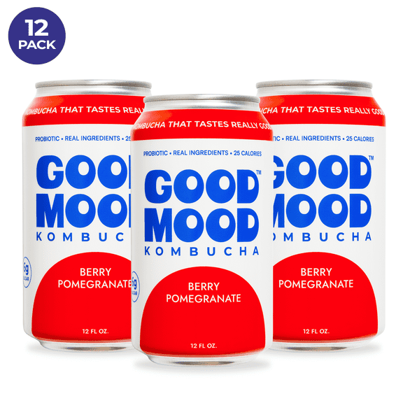 GoodMood Kombucha, Berry Pomegranate, Low Sugar & Gluten-Free, 12 Pack, 12 fl oz Cans