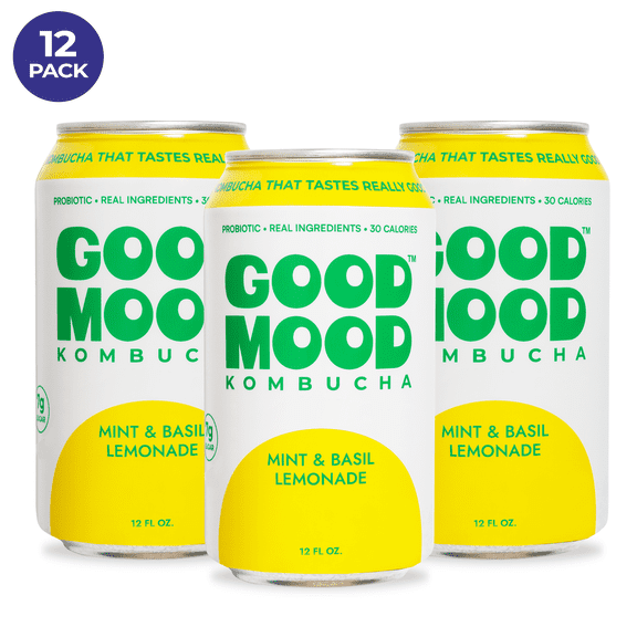 GoodMood Kombucha, Mint & Basil Lemonade, Low Sugar & Gluten-Free, 12 Pack, 12 fl oz Cans